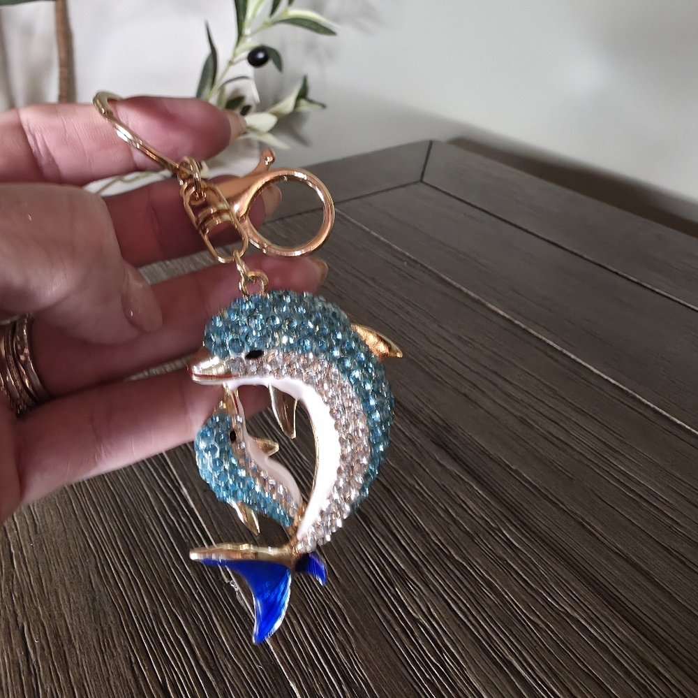 Crystal Dolphin Keychain - Blue and Silver Rhinestones - Picture 2 of 2
